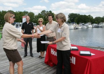 Left to Right: Honeywell Syracuse Program Director John McAuliffe, Onondaga County Legislator Kathy Rapp, Director of Montezuma Audubon Center Frank Moses, and Education Manager of Montezuma Audubon Center Carol Stokes-Cawley, Congratulates Teachers on Completion of Honeywell Institute for Ecosystems Education