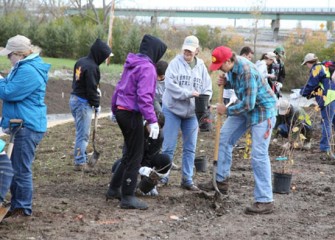 Volunteers plant native shrubs and trees to enhance habitat at Nine Mile Creek.