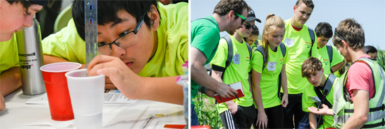 Left: Nicholas Rodriguez (left), from East Syracuse Minoa Central School District, and Eric Yao, from Fayetteville-Manlius School District, perform an engineering activity to learn about capping in Onondaga Lake. Right: Participants tour wetlands along Onondaga Lake, studying bird and fish diversity, and microscopic organisms found in and around Onondaga Lake. Fish examined include juvenile largemouth bass, creek chub, and banded killifish.