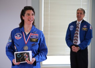 Alumna Sue Bingham, Math Teacher at West Genesee Middle School, shares tips with the new class before their week at Space Camp. Bingham advises teachers to “expect to be challenged” and to “dive right in.”