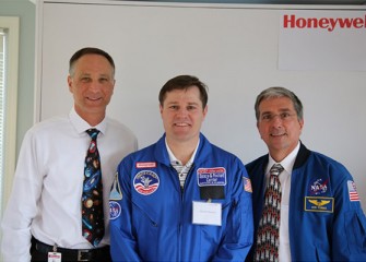 Robert Woolery, Science Teacher at Frazer K-8 School (Syracuse) with Honeywell Syracuse Program Director John McAuliffe (left) and Donald Thomas, Ph.D., former NASA astronaut.