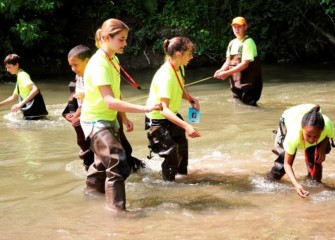 Students measure water velocity in Nine Mile Creek, comparing their findings with observations collected earlier in the week at Onondaga Creek.