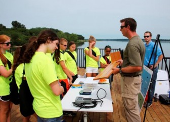 Students are shown tools used to measure fish from the lake.