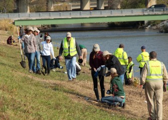 Participants spread out along a section of Nine Mile Creek to place new trees and shrubs.