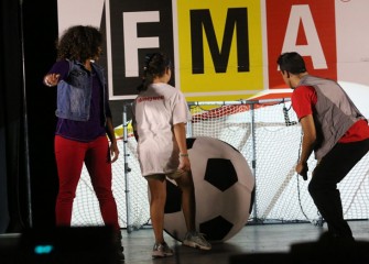 Pine Grove Middle School student Sophia Rogers kicks a larger soccer ball, showing more force is needed to accelerate greater mass.