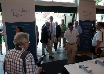 Lt. Governor Robert J. Duffy arrives to view the Onondaga Lake exhibit on Opening Day/Governor’s Day, escorted by SUNY ESF President Dr. Neil Murphy and the New York State Fair Director Tom Ryan.