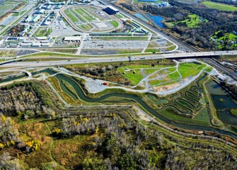 LCP wetlands (top right) are seen in relation to the restored Geddes Brook wetlands (middle right). The New York State Fairgrounds are