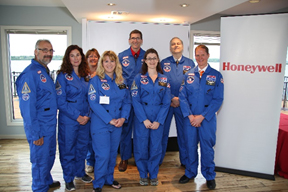  <span style="font-style:italic;">Honeywell Educators @ Space Academy</span> pictured left to right (front row): David Cali, of Lincoln Middle School; Carolyn Scott, of Pine Grove Middle School; Leslie Almstead, of East Syracuse Elementary; Kay Frizzell, of Danforth Middle School; Todd Troendle, of West Genesee Middle School; (back row): Tammy Annicharico, of Camillus Middle School; Christopher Ludden, of C.W. Baker High School; and Greg Flick, of North Syracuse Junior High School