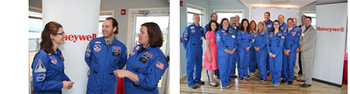 At the recognition event, the teachers, their families, and school administrators were joined by Central New York HESA alumni.  Left: 2014 <span style="font-style:italic;">Honeywell Educators @ Space Academy</span> teacher Kay Frizzell (left) talks with Space Academy alumni Scott Macomber and Pamela Herrington, both of East Syracuse Minoa Central School District.   Right: 2014 <span style="font-style:italic;">Honeywell Educators @ Space Academy</span> teachers are joined by Central New York alumni and Honeywell Syracuse Program Director John McAuliffe (second from right).