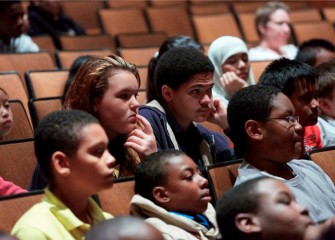 Students listen intently as Don Thomas describes the long process of following his dream, including many disappointments along the road before finally reaching his goal of becoming an astronaut.