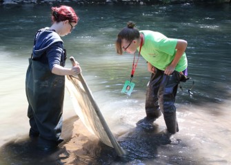 Renee Halloran (right) and Assistant Counselor Grace Gustke, both SUNY-ESF students, use a kick net to capture small fish and other creatures.