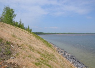 A revetment wall is built to protect this section of the western shoreline from erosion and improve habitat conditions.