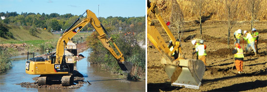 Left: During construction, crews remove material from both banks. Right: Workers plant red maples and oak trees, both native to the local forest wetland ecosystem. 