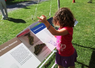 A young guest lifts the panel on a reader rail to learn more about habitat restoration at Nine Mile Creek and Geddes Brook wetlands.