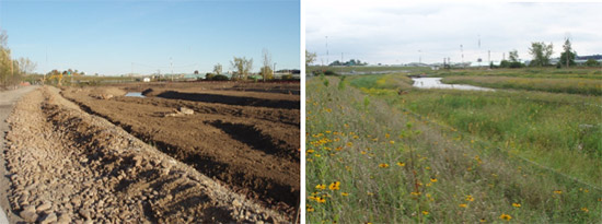 Left: Nine Mile Creek during construction. Right: Nine Mile Creek after restoration.