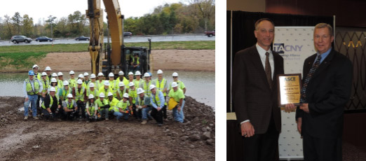 04 Left: Members of the Nine Mile Creek construction team. Right: John McAuliffe, Honeywell Syracuse program director (left) accepts the award on behalf of Honeywell. He is pictured with Craig Butler, ASCE Syracuse Section awards committee chairman and past section president.