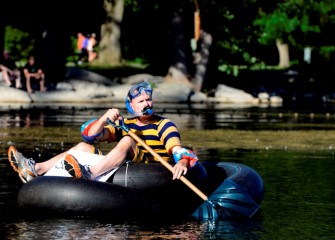 Chris launched his homemade watercraft, propelled by a snow shovel, saying the day was “an important day, the opening, the rebirth of this lake.”