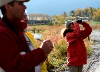 Bird species and numbers are noted by Audubon and Corps volunteers. Chris Lajewski (left), Director of Montezuma Audubon Center, records birds Ruth Florey, Onondaga Audubon and Corps volunteer, spots in nearby trees.