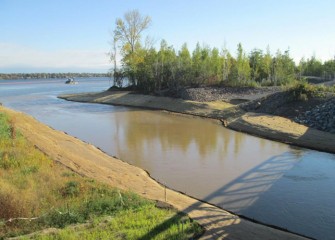 New banks are built along the mouth of Nine Mile Creek, planted, and covered with biodegradable erosion control fabric.