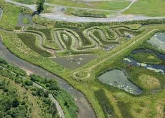 A close-in view of the new meandering Geddes Brook shows habitat structures, aquatic plants and other features.