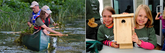 02 Since its formation in 2012, more than 600 community members have participated in Corps events.
Left: Corps volunteers Ross and Grace Getman, of Syracuse, remove water chestnut at an event in August 2015.
Right: Corps volunteers display a bird box at a Corps event in May 2015. The bird boxes were built and installed at the event to create shelter for birds and other wildlife.