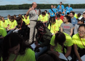 State University of New York College of Environmental Science and Forestry (SUNY-ESF) Vice Provost for Research, Neil Ringler, Ph.D., speaks to students about fish species and populations in Onondaga Lake.