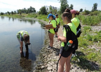 Students measure pH, water temperature and dissolved oxygen levels at the shoreline.