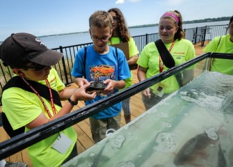 Students are able to observe fish and an Eastern Painted Turtle just caught in Onondaga Lake up close. The fish and turtle are later returned to the lake.