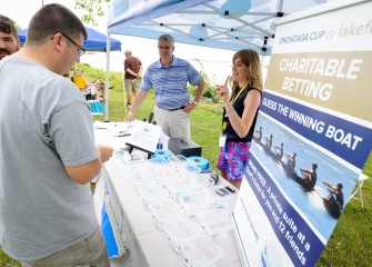 A raffle where participants tried to guess the corporate regatta’s winning team raised funds for the Onondaga Lake Conservation Corps.