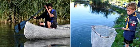 Left: 15-year-old Shawn Fletcher, of Solvay, learns to canoe.  Right: 7-year-old Sam Lootens, of Skaneateles, fishes for trout.