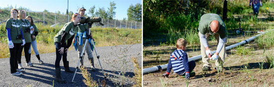 Left: Onondaga Audubon Society President Alison Kocek helps 14-year-old Corps volunteer Taylor Jones, of Baldwinsville, use a scope to identify bird species.  Right: David and 4-year-old Alexander Amidon, of Syracuse, plant native wetland species.