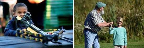 Left: Mason Wright, a 5-year-old from Syracuse, learns how to use a crossbow.  Right: Marty Ivery, a member of the Iroquois Chapter of Trout Unlimited, teaches 9-year-old Austin Ferrin, of Auburn, to fly fish.