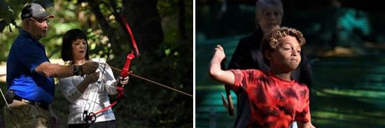 Left: Jim Kilmartin, from the Clay Sportsmen’s Club, teaches Kathy Lui, of Rego Park, New York, how to use a bow and arrow.  Right: Jadin Lyle, of Syracuse, tries to hit a target with a hatchet.