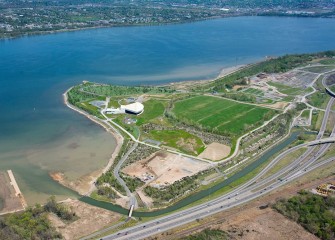 Work begins constructing wetlands near the mouth of Nine Mile Creek (lower left). The Lakeview Amphitheater is nearby.