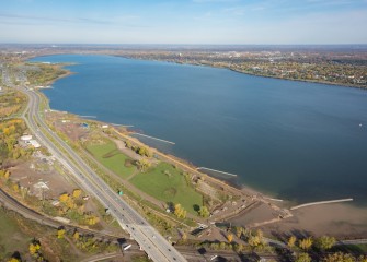 Berms have been constructed extending into the lake along the southwestern shoreline, in advance of habitat plantings next year.