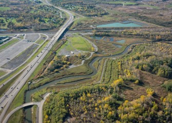 Geddes Brook Wetlands and Nine Mile Creek are hosting a wide range of wildlife species that have returned to the area. I-695 is seen on the left.