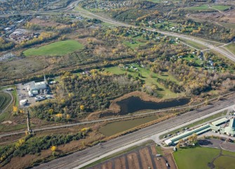 The LCP wetlands (center), located behind the New York State Fairgrounds, encompass about 20 acres of thriving habitat, including 12 acres of wetlands.