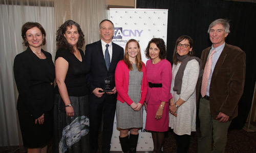 01a The award was presented at the TACNY Celebration of Technology Awards Banquet on March 27, in Syracuse. Pictured (left to right): TACNY President Diane Plumley, Honeywell Educators at Space Academy (HESA) alumna Becky Loy, Honeywell Syracuse Program Director John McAuliffe, HESA alumni Sara Pieklik and Sue Potrikus, 2017 HESA teacher Kate Clift, and MOST Chief Program Officer Peter Plumley.