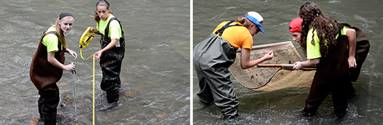 Left: Students measure the velocity of Onondaga Creek. Right: Students identify organisms in Onondaga Creek.