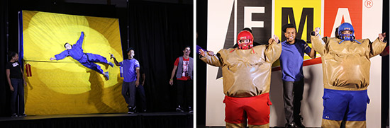 03a Left: FMALive! demonstration teaches Newton’s First Law of Motion – Inertia. Right: Teachers help teach Newton’s Second Law of Motion – Force = Mass x Acceleration.