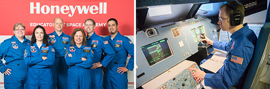 Left: Central New York teachers at Honeywell Educators at Space Academy in Huntsville, Alabama. Right: Central New York teacher Stephen Bacon at Honeywell Educators at Space Academy.