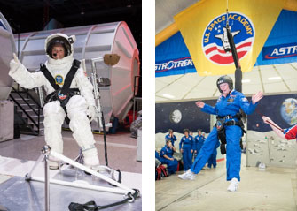 Left: Katherine Clift completes a mission at the U.S. Space & Rocket Center.  Right: Colleen O’Connor in a gravity chair.