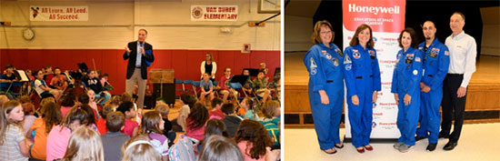 “Central New York has sent 40 educators to participate in HESA’s innovative lessons and teaching techniques since 2004,” said Honeywell Syracuse Program Director John McAuliffe, speaking to students at Van Buren Elementary School. “These teachers are leading their districts, classrooms, and students, and inspiring the next generation of scientists and engineers.”  Right: Several Camillus Middle School teachers have participated in HESA. Pictured left to right: Tammy Annicharico, Katherine Clift, retired teacher Sue Potrikus, and Carmen Primiano with John McAuliffe.