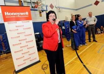 Dr. Donna DeSiato, superintendent in the East Syracuse Minoa Central School District, speaks to students about the importance of STEM education.