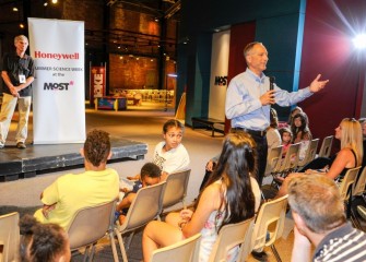 Honeywell’s John McAuliffe addresses students and family members during the closing ceremony at the Museum of Science & Technology (MOST).