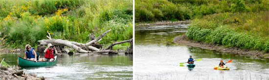 Left: Along the course, participants identified 31 bird species, including Baltimore Oriole, Caspian Tern and Belted Kingfisher, which are listed as Birds of Conservation Concern by Audubon New York. Right: Katherine (left) and 8-year-old Grant Clift, of Baldwinsville, paddle in kayaks. 