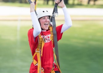 Katherine Clift, from Camillus Middle School, on the water survival zipline at the U.S. Space & Rocket Center.