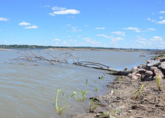 Habitat structures, such as trees and rock piles, are placed in and around a new wetland connected to the lake.