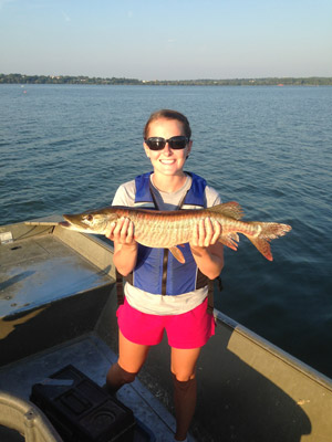 A tiger muskie caught in Onondaga Lake by Anne Burnham as part of her SUNY-ESF research in 2013.