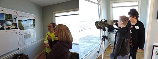 Left: Barbara Johnson (right), of DeWitt, New York, learns about improvements at Onondaga Lake and nearby tributaries that are providing restored habitat for wildlife from Anne Burnham, a habitat expert from Parsons. Right: Michele Neligan, a former Onondaga Audubon board member and a photographer exhibiting at the event, helps 10-year-old Ethan Jackson, of Elbridge, New York, use a scope to identify a red-breasted merganser.